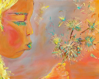 Girl Wishing On Dandelions - Giclée Print (canvas stretched or unframed), Painting by Tif Sheppard