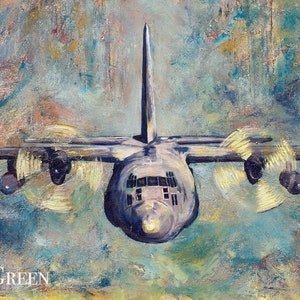 C-130H Giclée Print canvas stretched or unframed, Aircraft Art by Tif Sheppard Light Aqua Green