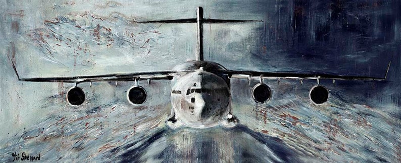 C-17 Giclée Print canvas stretched or unframed, Aircraft Art by Tif Sheppard Vintage Grey