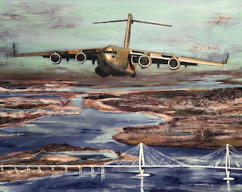 C-17 Aircraft Over Charleston, Giclée Print  (canvas stretched or unframed), Aircraft Art Painting by Tif Sheppard