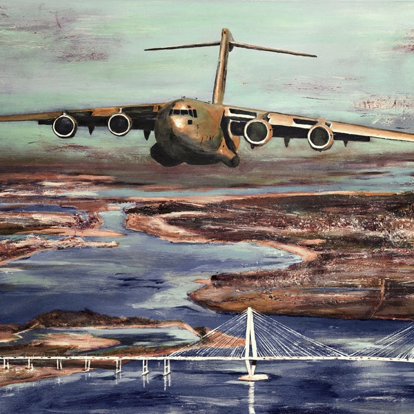 C-17 Aircraft Over Charleston, Giclée Print  (canvas stretched or unframed), Aircraft Art Painting by Tif Sheppard