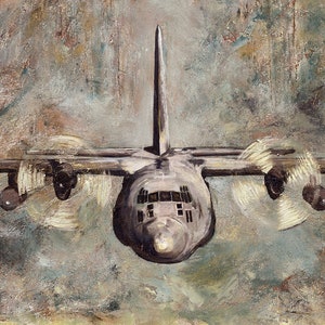 C-130H Giclée Print canvas stretched or unframed, Aircraft Art by Tif Sheppard Pale Grey Green