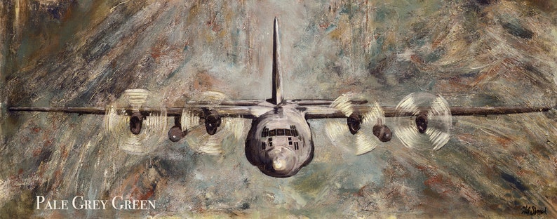 C-130H Giclée Print canvas stretched or unframed, Aircraft Art by Tif Sheppard Pale Grey Green