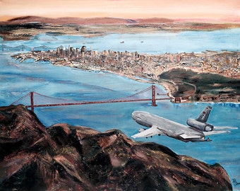 Coast In - KC-10 Flying Over San Francisco Bay, Giclée Print (canvas stretched or unframed), Aircraft Art Painting by Tif Sheppard