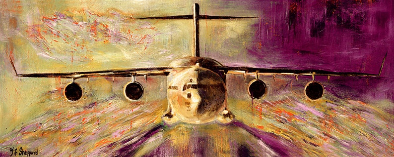C-17 Giclée Print canvas stretched or unframed, Aircraft Art by Tif Sheppard Gold & Purple