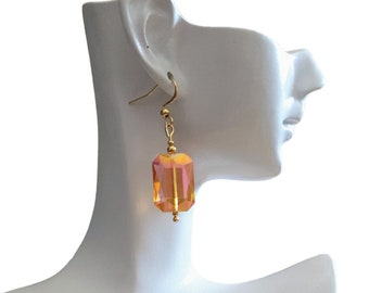 Statement Pink Yellow Rectangle Drop Earrings, Multicoloured Glass Hook Earwire Gold Earrings, Stainless Steel