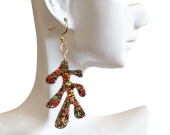 Rosella Flower Leaves Dangle Drop Earrings, Red, Green and Gold Holographic Glitter Resin Dangles, Statement Earrings Stainless