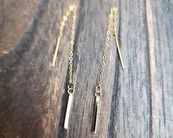 Gold Bar Threader Earrings, Stainless Steel Long Bar Dangles. Choose Silver or Gold