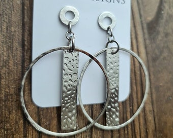 Hammered Circles Bar Design Earrings, Long Silver Stainless Steel Dangle Earrings