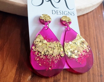 Teardrops Pink Magenta Gold Drop Earrings, Pink with Gold Glitter Resin Dangles, Stainless Steel, Statement Handmade Earrings