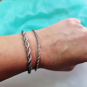 Silver Rope Chain Bracelet, Stainless Steel Waterproof Bracelet,  Hypoallergenic, Choose Thickness 3mm or 5mm