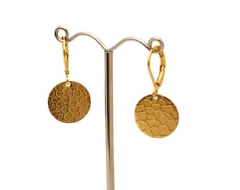 Hammered Texture Gold Circle Disc Coin Dangle Earrings, Stainless Steel Leverback or Hook Dangle Earrings 15mm