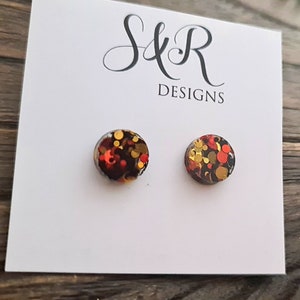 Circle Dot Resin Autumn Stud Earrings, Orange Gold Black Glitter Earrings, Stainless Steel Minimalis Studs. 15mm, 12mm, 10mm or 8mm image 3