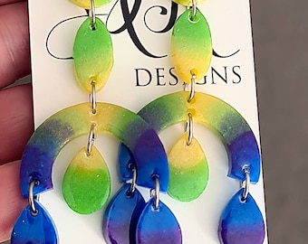 Large Oversized Multicoloured Chandelier Dangle Earrings, Blue, Purple, Green, Yellow Dangles, Statement Long Glitter Earrings