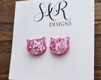 Pink Cat Earrings, Cat Resin Stud Earrings, Blush Pink Earrings, Cat Glitter Earrings made with Stainless Steel.