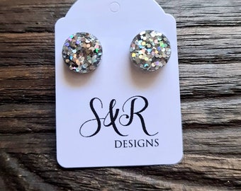 Circle Dot Resin Stud Earrings, Silver Holographic Glitter Earrings. Stainless Steel Stud Earrings. 12mm, 10mm or 8mm