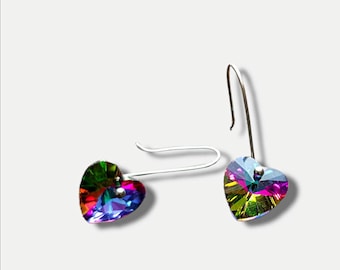 Multi coloured Heart Dangle Drop Earrings, Glass Crysta Faceted Heart Hook Earrings, Stainless Steel Earrings, Lightweight, Sparkly