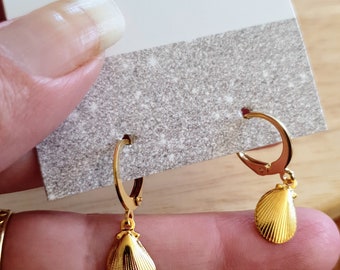 Gold Beach Earrings, Minimalist Shell Drop Earrings, Gold Stainless Steel Dangle Drops, Choose Leverback or Hook Earwire Earrings.