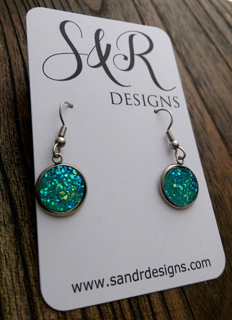 Green AB Sparkly Faux Druzy Dangle Earrings made of Stainless Steel