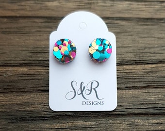 Circle Dot Resin Stud Earrings: Aqua Pink Rose Gold Glitter, Stainless Steel