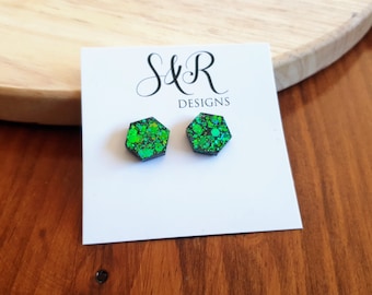 Hexagon Stud Earring, Chameleon Blue Emerald Green Changing Glitter Resin Studs, Ocean Blue Mix Earrings. Stainless Steel. 15mm