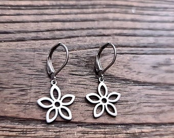 Silver Flower Earrings, Flower Leverback Earrings, Silver Stainless Steel Dangle Leverback Earrings.