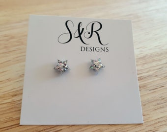 Silver Holographic Star Resin Stud Earrings, Silver Holographic Mix Glitter. Stainless Steel Minimalist Stud Earrings.