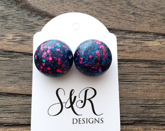 Resin Ball Stud earrings Blue Pink Glitter Earrings, stainless steel earrings 14mm