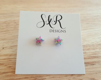 Pastel Multicoloured Star Resin Stud Earrings, Pastel Pink, Blue, Green and Yellow Mix Glitter. Stainless Steel Minimalist Stud Earrings.