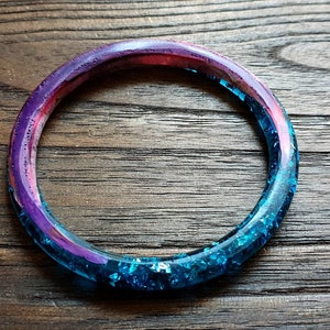 Resin Bangle Blue Silver Leaf, Glitter, Pink Ink 66mm Diameter image 5