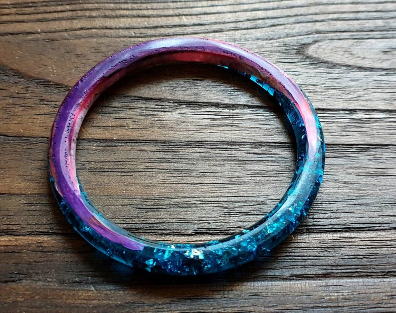 Resin Bangle Blue Silver Leaf, Glitter, Pink Ink 66mm Diameter image 5