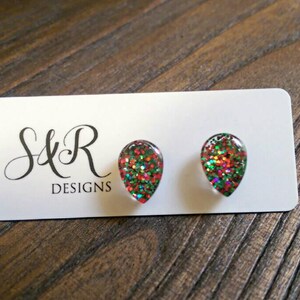 Teardrop Red Green Glitter Earrings, Sparkly Christmas Studs, Teardrops Glass Glitter Resin Studs, made of Stainless Steel 10mm X 15mm image 5