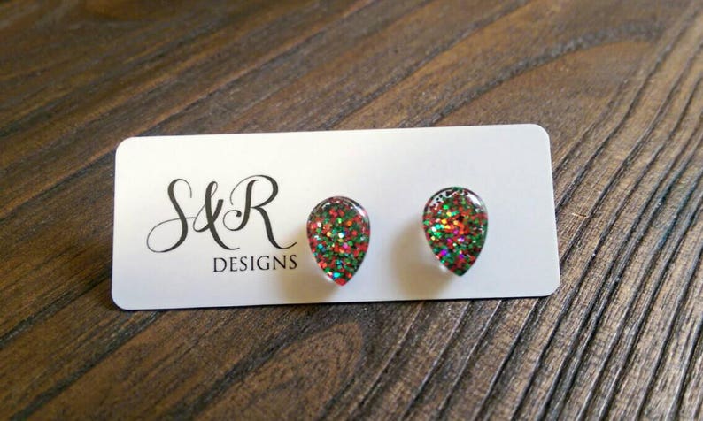 Teardrop Red Green Glitter Earrings, Sparkly Christmas Studs, Teardrops Glass Glitter Resin Studs, made of Stainless Steel 10mm X 15mm image 5