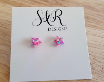 Multicoloured Star Resin Stud Earrings, Blue, Pink, White and Orange Star Studs. Stainless Steel Minimalist Stud Earrings.