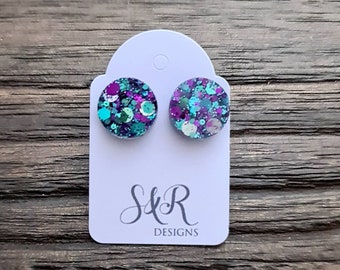 Circle Dot Resin Stud Earrings, Purple Teal Silver Glitter Earrings. Stainless Steel Minimalist Stud Earrings. 15mm, 12mm, 10mm or 8mm