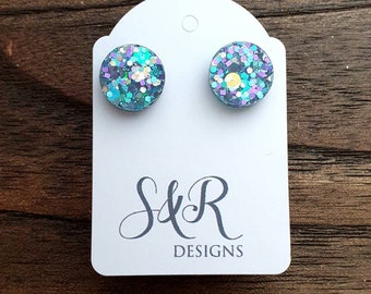 Circle Dot Resin Mermaid Stud Earrings, Mermaid Glitter Earrings. Stainless Steel Stud Earrings. 8mm, 10mm, 12mm or 15mm
