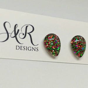 Teardrop Red Green Glitter Earrings, Sparkly Christmas Studs, Teardrops Glass Glitter Resin Studs, made of Stainless Steel 10mm X 15mm image 2
