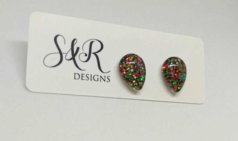 Teardrop Red Green Glitter Earrings, Sparkly Christmas Studs, Teardrops Glass Glitter Resin Studs, made of Stainless Steel 10mm X 15mm image 2