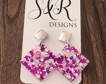 Elegant Square Dangle Earrings, Hot Pink Silver Holographic Glitter Earrings, Resin Earrings, Stainless Steel Earrings, Statement Earrings