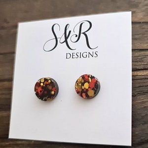 Circle Dot Resin Autumn Stud Earrings, Orange Gold Black Glitter Earrings, Stainless Steel Minimalis Studs. 15mm, 12mm, 10mm or 8mm image 2