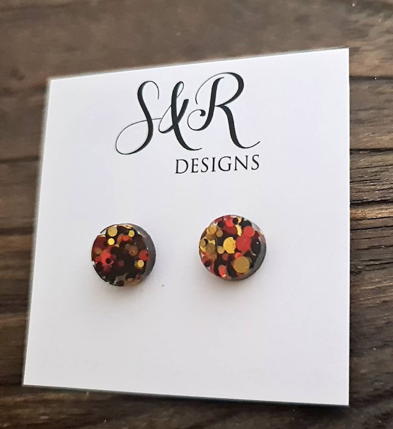 Circle Dot Resin Autumn Stud Earrings, Orange Gold Black Glitter Earrings, Stainless Steel Minimalis Studs. 15mm, 12mm, 10mm or 8mm image 2