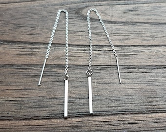 Silver Bar Threader Earrings, Stainless Steel Long Bar Dangles.