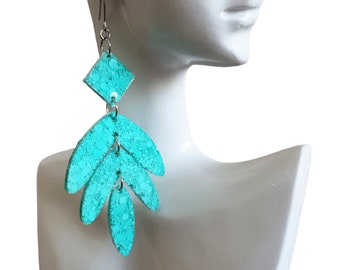 Mint Glitter Leaves Dangle Drop Hook Earrings, Green Mint Glitter Resin Dangles, Statement Earrings with Stainless Steel