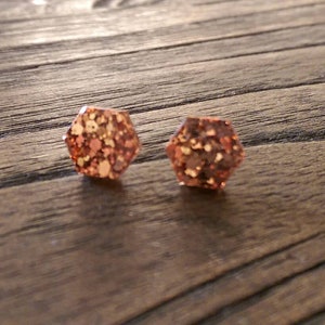 Hexagon Resin Stud Earrings, Rose Gold Copper Earrings. Stainless Steel Stud Earrings. 10mm or 6mm image 3