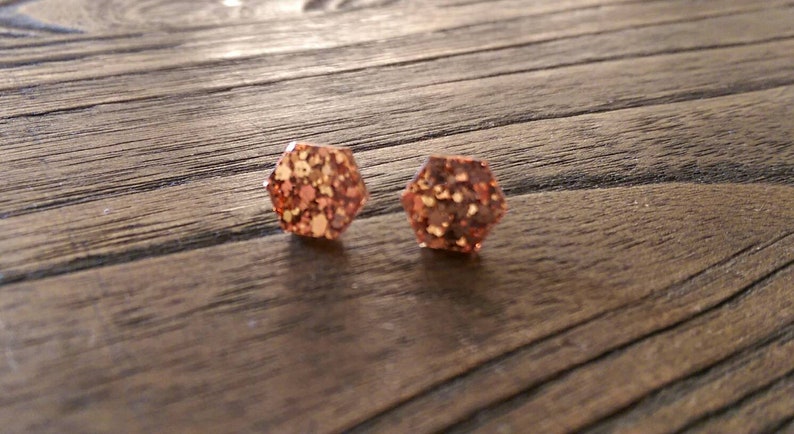 Hexagon Resin Stud Earrings, Rose Gold Copper Earrings. Stainless Steel Stud Earrings. 10mm or 6mm image 3