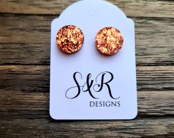 Circle Dot Resin Stud Earrings, Rose Gold Copper Glitter Earrings. Stainless Steel Stud Earrings. 15mm, 12mm, 10mm or 8mm