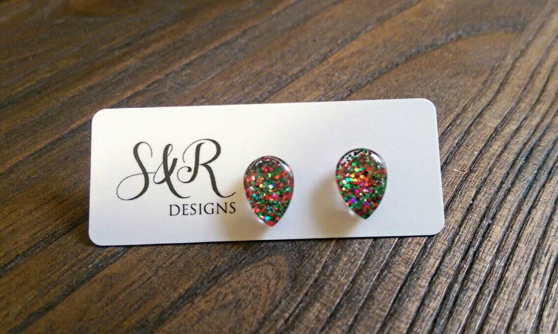 Teardrop Red Green Glitter Earrings, Sparkly Christmas Studs, Teardrops Glass Glitter Resin Studs, made of Stainless Steel 10mm X 15mm image 1