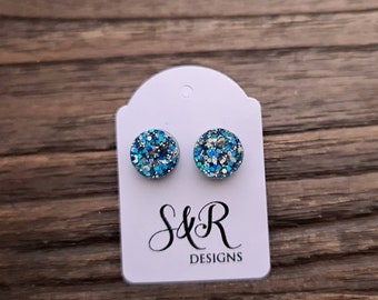Circle Dot Resin Stud Earrings, Blue Silver Glitter Stud Earrings, Stainless Steel Stud Earrings. 8mm, 10mm, 12mm or 15mm