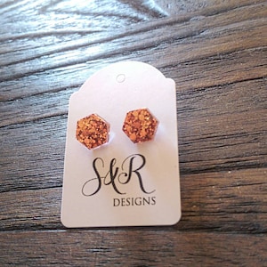 Hexagon Resin Stud Earrings, Rose Gold Copper Earrings. Stainless Steel Stud Earrings. 10mm or 6mm image 1