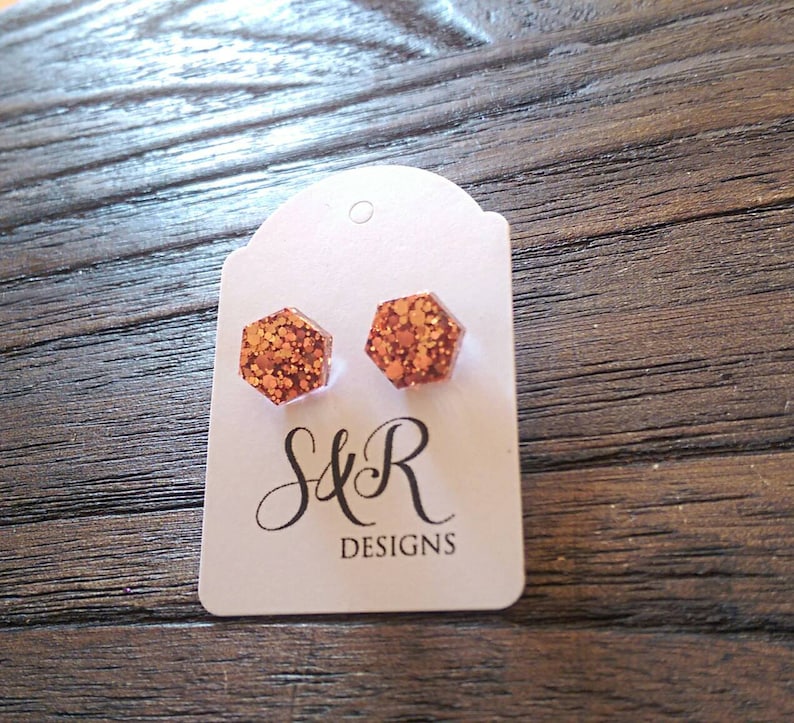 Hexagon Resin Stud Earrings, Rose Gold Copper Earrings. Stainless Steel Stud Earrings. 10mm or 6mm image 1